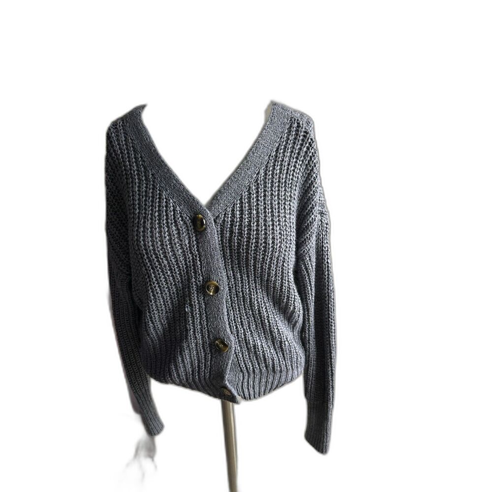 Moon and Madison Cardigan Sweater Large Textured Open Knit Sz S Multi Way Blue